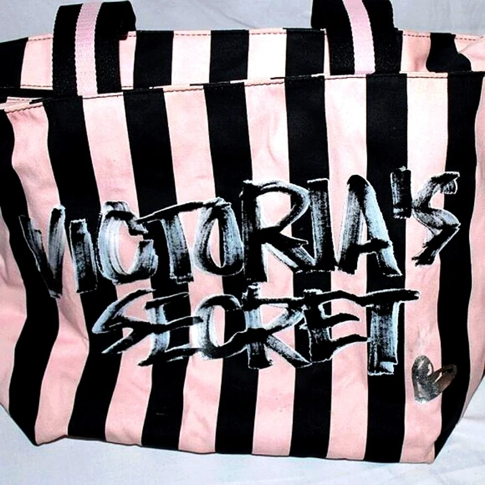 Victoria's Secret Pink & Black Striped Tote Bag – Zipper Top, Spacious & Chic